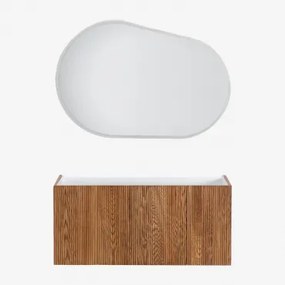 Zestaw Wiszących Mebli Łazienkowych 120x50 Cm Z Drewna Zintegrowany Z Umywalką Fiore Popielaty Brąz & Owalna Lampa Led - Sklum