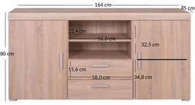 Komoda Dwudrzwiowa z Szufladami i Półkami Drewniana do Salonu TEMBRE 164 cm Dąb sonoma Nowoczesna