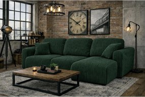 Narożnik w kształcie L z funkcją spania i pojemnikiem Bingo L, tkanina sztruksowa Poso, Zielony, Prawy