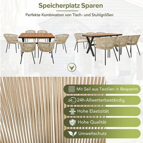 Zestaw mebli ogrodowych: 6 metalowych foteli + 1 stół jadalny z drewna akacjowego + 6 poduszek na siedziska - Beżowy