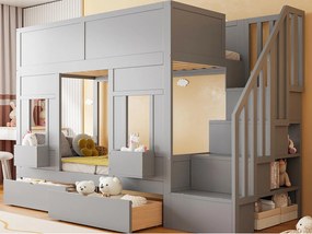 Łóżko piętrowe dziecięce 90 x 200 cm - z drabiną z pojemnikami - z 2 szufladami - z barierkami bezpieczeństwa - szary (materac nie jest wliczony w cenę)