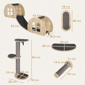 PawHut Zestaw Wspinaczkowy dla Kotów 7-elementowy z Drabinką z Sisalu, Platformą, Drapakiem Szary