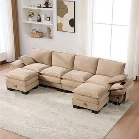 Zestaw wypoczynkowy z 4-osobową sofą z kordu - 330 x 132 x 84 cm - z 2 pufami ze schowkiem + portem USB + kieszeniami - khaki