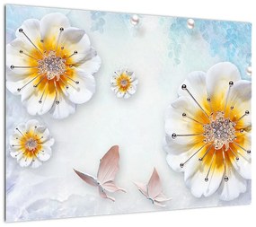 Obraz na szkle - Kompozycja z kwiatami i motylami (70x50 cm)