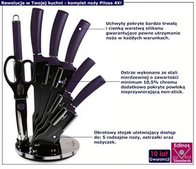 Fioletowy zestaw stalowych noży w obrotowym stojaku - Piloss 4X