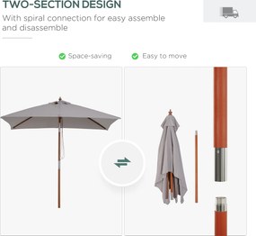 Outsunny Parasol Ogrodowy Zginany Szary Drewno Jodłowe Poliester 3Stopniowa Regulacja 200x150x230cm | Aosom PL