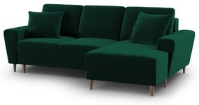 Zielony aksamitny rozkładany/ze schowkiem narożnik (prawostronny/z szezlongiem) Kyoto – Cosmopolitan Design