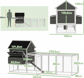 PawHut Drewniany Kurnik z Wybiegiem, Gniazdami i Asfaltowym Dachem, Wysuwana Taca, Dla 8-10 Kur, 347x160x150 cm, Ciemnoszary | Aosom PL