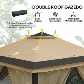 Outsunny Składany Pawilon, Ogrodowy Pawilon, Metal i Planowany Materiał, Zasłony z Siatki, Otwory Odpływowe, 330 dł. x 330 szer. x 288 wys. cm, Beżowy