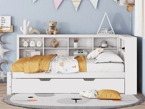 Łóżko banquette 140x200 cm z łóżkiem wysuwanym 90x190 cm - z USB i wieloma schowkami - z litego drewna - Białe