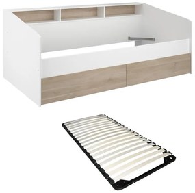 Łóżko 90 x 190/200 cm ze schowkami - Biały i naturalny + Stelaż - PAULETTE