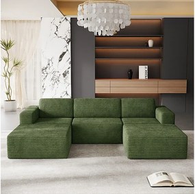 Modułowa Sofa Narożna 3-osobowa w Welurze Żebrowanym, z 2 pufami i 3 poduszkami, 303x202x82cm, Zielony