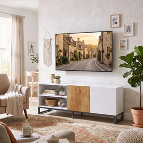 HOMCOM Szafka RTV do telewizorów do 139,7 cm, nowoczesne TV-Lowboard z regulowanymi półkami, Biały | Aosom PL