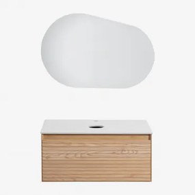 Zestaw Mebli Łazienkowych Z Drewna Jesionowego Tedrik Popielaty Brąz & Without Sink & Owalna Lampa Led I Przeciwmgielna 100x80 Cm Meunier & - Sklum