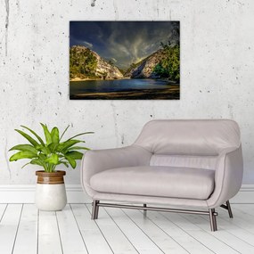 Obraz na szkle - krajobraz z jeziorem (70x50 cm)