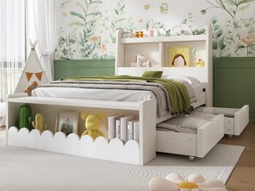 Łóżko proste drewniane 90x190cm - z 2 szufladami i półkami - Białe (materac nie jest w zestawie)