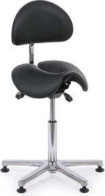 Taboret roboczy z oparciem ARDO, siedzisko w kształcie siodła, na ślizgaczach, czarna