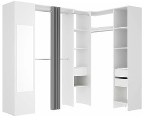 Narożna garderoba z zasłonką 1-drzwiowa – lustro – dł. 231 cm – biała i szara – BERTRAND