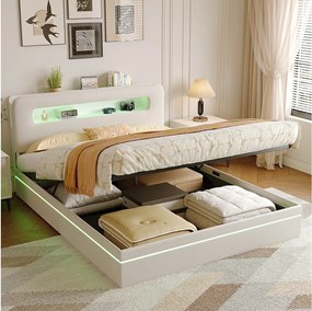 Łóżko 160x200 cm z beżowego aksamitu ze zintegrowanymi diodami LED, zagłówkiem z miejscem do przechowywania i systemem hydraulicznym