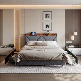 Łóżko 140×200 cm z drewna i metalu, ergonomicznym zagłówkiem, przestrzenią do przechowywania, portami USB/Typ-C i 4 szufladami.