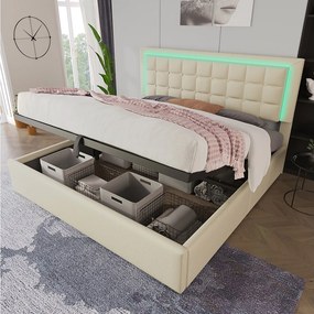 Łóżko tapicerowane dwuosobowe ze schowkiem - 180 x 200 cm - ze stelażem listwowym + oświetlenie LED + hydrauliczny schowek - PU - białe