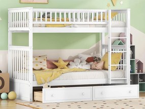 Łóżko piętrowe drewniane z szufladami i drabinką - 90x200cm - Białe
