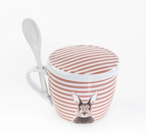 Kubek z pokrywką i z łyżeczką FLUFFY, porcelanowy, zajączek, 600 ml