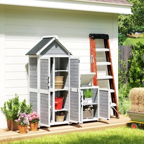 Outsunny Schowek ogrodowy z dodatkową szafką, regulowane półki, zamknięte na klucz drzwi, wodoodporny, z drewna sosnowego, Jasnoszary