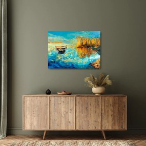 Obraz na szkle - Jezioro z łodziami (70x50 cm)