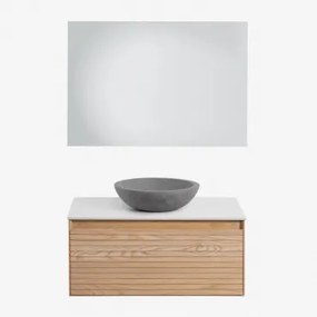Zestaw Wiszących Mebli Łazienkowych Z Drewna Jesionowego Tedrik Popielaty Brąz & Okrągły Szary Cement Ø40 - Sklum