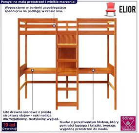 Sosnowe brązowe łóżko na antresoli z biurkiem 90x190 - Mirja 5X