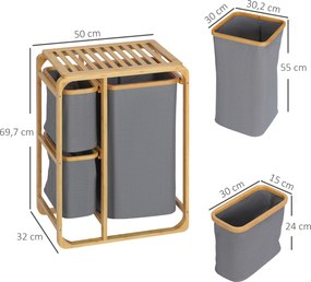 HOMCOM Kosz na Pranie z Bambusa 3 Wyjmowane Kosze Naturalny Szary 50x32x697cm | Aosom PL