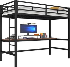 Łóżko piętrowe z barierką i drabinką - 90 x 200 cm - z USB i stolikiem - LED - bez materaca - metalowe - białe