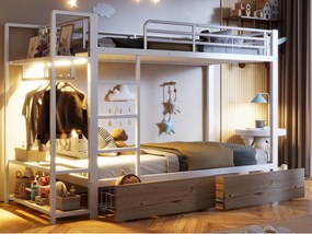 Łóżko piętrowe 90 x 200 cm - Konstrukcja metalowa - 2 szuflady - Kilka półek - Oświetlenie LED - Wieszak na ubrania - Biały​ (materac nie jest wliczony w cenę)