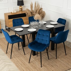 Zestaw Stół Rozkładany Kwadratowy MAX 80-160 cm Czarny i 6 Krzeseł Tapicerowanych CHRIS Granatowe Nowoczesne Loft