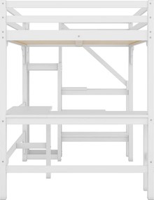 Łóżko mezzanine 140x200cm z drewna - z biurkiem, szafą i stelażem na materac - Białe