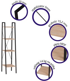 ALTE R1 regał, półki, czarny / dąb sonoma na książki LOFT