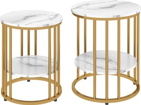 HOMCOM Zestaw 2 okrągłych stolików pomocniczych w marmurowym wyglądzie z otwartą półką i metalową ramą