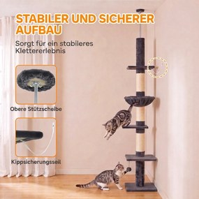 PawHut Drapak sufitowy 225–255 cm regulowany Drapak dla kota z 5 poziomami 3 słupkami z sizalu, hamak, platformy | Aosom PL