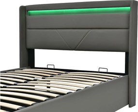 Łóżko dla dorosłych ze schowkiem 140 x 200 cm z zagłówkiem - LED - skóra PU - Szare + Materac