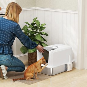 PawHut Kuweta dla kota ze stali nierdzewnej, z filtrem i łopatką, dla kotów do 6 kg, 40,5 x 60,5 x 41,5 cm, Biały/Srebrny