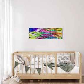Obraz - Mur z cegły z kolorowymi płomieniami (z zegarem) (90x30 cm)