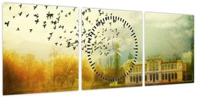 Obraz namalowanego krajobrazu z rezydencją (z zegarem) (90x30 cm)