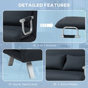 HOMCOM Sofa do spania z 5-stopniową regulacją, imitacja zamszu, stalowa rama, w zestawie poduszki, Czarny