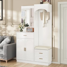 Biały wieszak na ubrania z lustrem, 1 szufladą i 3 drzwiami – do przedpokoju i korytarza