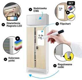 Biurowa szafa metalowa JAN, 900 x 1850 x 400 mm, Eco Design: biała/ dąb sonoma