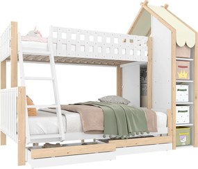 Łóżko piętrowe 90x200cm + 140x200cm - z drabiną - 2 szuflady - z półką - biały + naturalny (materac nie jest w zestawie)