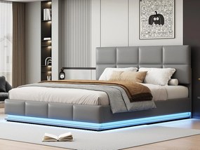 Łóżko tapicerowane z pojemnikiem 180x200 cm z oświetleniem LED – ze skóry ekologicznej – jasnoszare