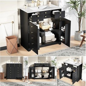 Szafka łazienkowa z umywalką ceramiczną - 91,5 x 47 x 86,5 cm - z szufladami + 2 drzwi - MDF - czarna