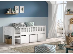 Białe podwyższone łóżko dziecięce z litego drewna sosnowego ze schowkiem i stelażem 90x200 cm Scott – Vipack
